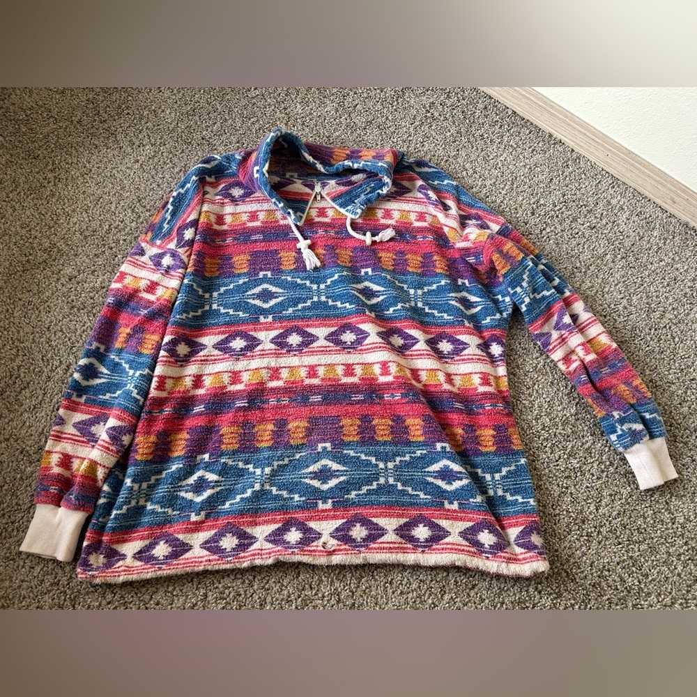 Vintage Jeans Wear Colorful Patterned Women's Sweater Aztec Zip Drawstring Sz M